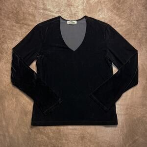 Eddie Bauer Black Velour V Neck Long Sleeve Top Shirt Women's M Grunge Goth Punk